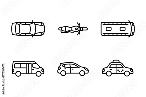 Vector outline icons of various urban vehicles including car motorcycle bus passenger van and taxi from top and side views with transport