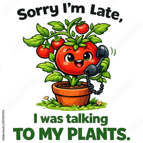 Funny tomato plant cartoon in a pot talking on a phone with Sorry I'm Late, I was talking to my plants text. Great for mugs, stickers, garden gifts, and social media promos.