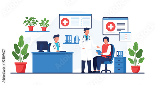 A professional medical office scene featuring two male doctors in white coats assisting a seated patient amidst blue furniture and vibrant red potted plants.