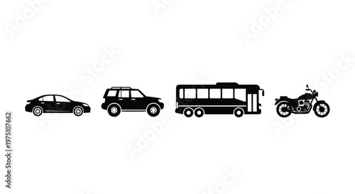 A comprehensive collection of black transportation silhouettes featuring a modern sedan, a rugged SUV, a large commuter bus, and a powerful motorcycle on white.