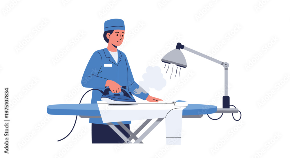 Fototapeta premium A diligent laundry worker wearing a blue professional uniform and cap meticulously irons a crisp white shirt on a blue board under a bright desk lamp.