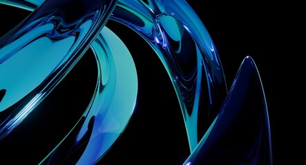 Abstract shiny blue liquid glass helix structure flowing on a dark background