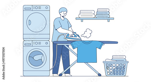 A simple line art illustration depicts a person ironing a blue t-shirt on a folding board next to stacked washing machines and a laundry basket.