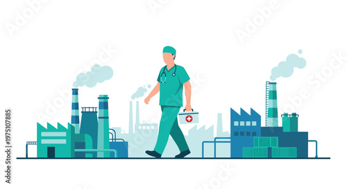 An experienced doctor wearing green surgical attire and a stethoscope walks across a detailed blue industrial setting featuring multiple factory towers and storage units.