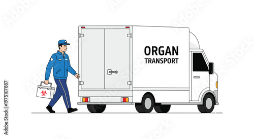 A professional courier in a blue uniform meticulously carries a white biohazard cooler towards a specialized organ transport vehicle on a clean white background.