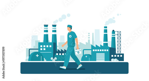 A dedicated healthcare professional wearing teal surgical scrubs walks purposefully across a flat industrial landscape featuring tall smoking chimneys and factory buildings.