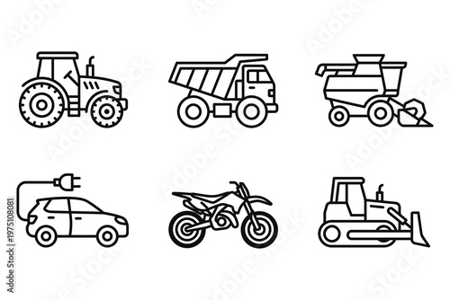 Heavy machinery and specialized vehicle line icons featuring tractor dump truck harvester electric car motorcycle and bulldozer, harvester