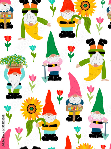 Foto cute garden gnomes seamless pattern with flowers sunflowers and tulips hand draw