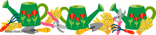hand drawn garden tools border with watering can gloves shovel and pruner funny colorful gardening equipment banner for web design