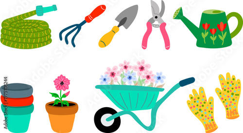 hand drawn garden tools and equipment set with wheelbarrow watering can hose and flower pots funny gardening icons for spring design