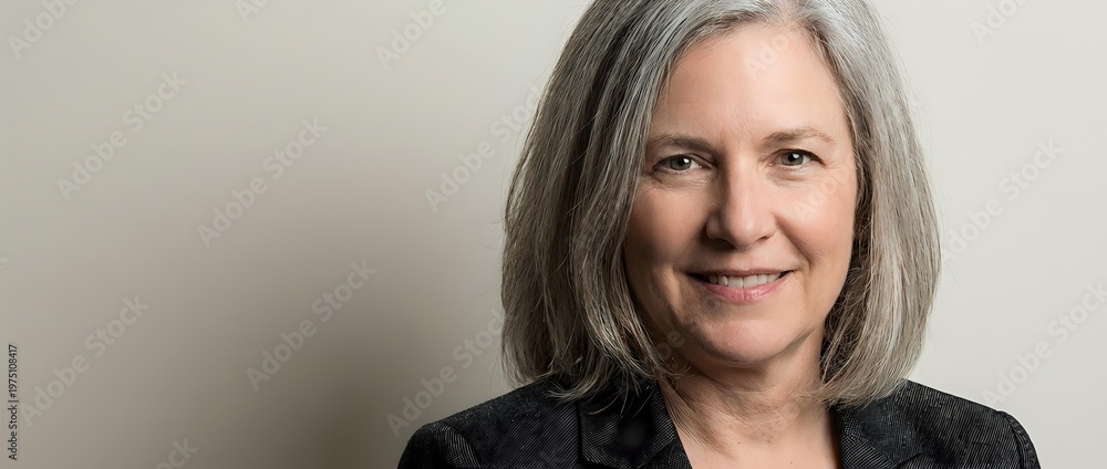 Obraz premium Confident mature businesswoman with gray hair smiling in professional blazer against neutral background for corporate and leadership concepts.