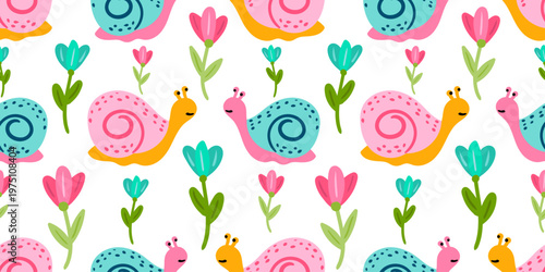 cute seamless pattern with hand drawn snails and flowers on white background colorful childish garden vector for textile and wrap