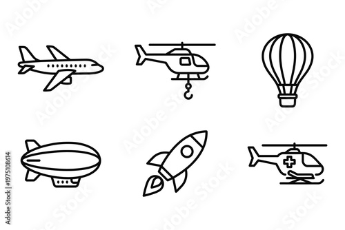 Air transportation and aviation icon set featuring airplane helicopter hot air balloon blimp rocket medical rescue aircraft, airplane