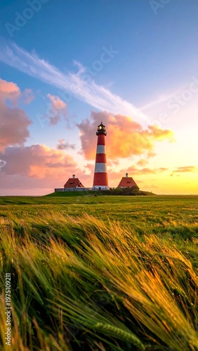 A vibrant striped lighthouse stands tall atop a grassy knoll, bathed in golden sunset light with a colorful sky