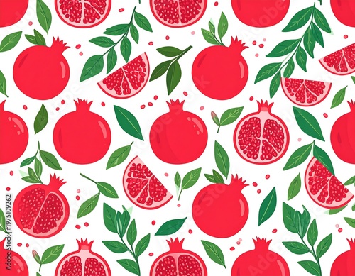 A vibrant, seamless pattern featuring ripe, red pomegranates, sliced and whole, interspersed with green leaves and seeds, against a white background