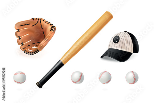 Realistic baseball equipment. 3d base ball, bat stick vintage cap leather glove catch homerun stadium sport team softball pitcher elements icon isolated exact vector illustration