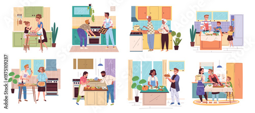 Family cooking at kitchen. Parents with children cook cake eat together on dinner table home interior, old people prepare food mother father kids meal classy vector illustration