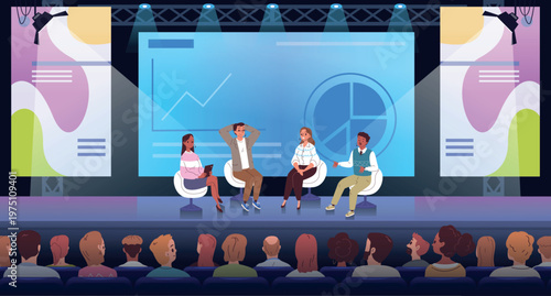 Speakers forum stage. Speaker discussion on stage, business event conference congress meeting corporate seminar public hall auditorium talk presentation classy vector illustration