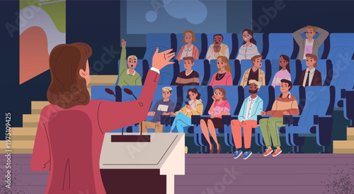 Speaker auditorium. Woman speaker back rear view, public speech at tribune front seat audience briefing conference podium lecture seminar presentation classy vector illustration