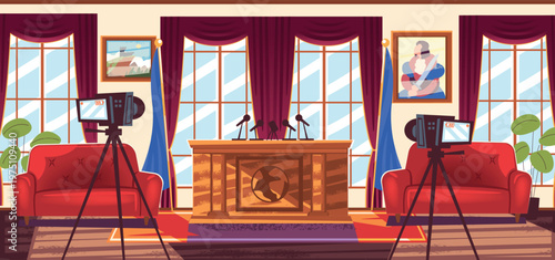 Government conference room. President office table or parliament house tribune microphone stage for speech press interview on camera cartoon interior classy vector illustration