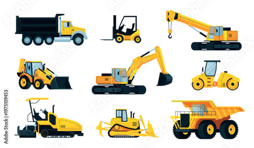 Cartoon construction machinery. Heavy truck excavator digger loader bulldozer backhoe crane dump roller tractor vehicle building site work equipment qualitative vector illustration