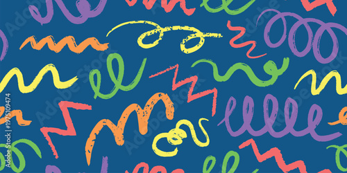 Crayon squiggles pattern. Seamless doodle childish scribble, confetti geometric line kid children bright colorful background birthday party design qualitative vector illustration