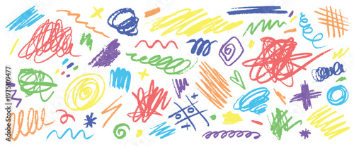 Crayon scribbles. Hand drawn pastel chalk pencil brush marker doodle scribble sketch pen stroke line texture kids children colorful crayons abstract qualitative vector illustration