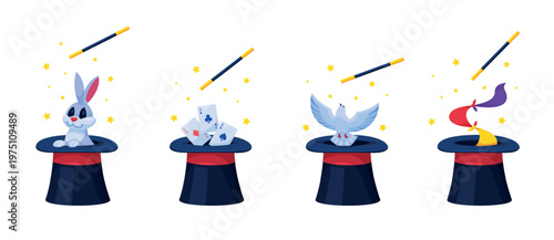 Magician cylinders. Wizard hat with wand stick magic show, conjurer trick tools set illusionist costume kids circus tricks bunny rabbit, cartoon qualitative vector illustration