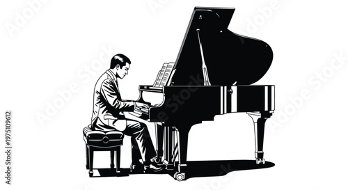 A pianist performs a classical concerto on a grand piano while sitting on a cushioned bench in a professional studio setting during a performance.
