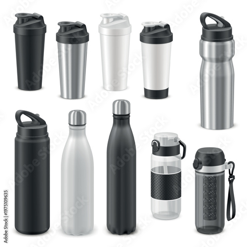 Water bottles mockup. Realistic sport bottle travel tumbler mockup, 3d thermo flask metal reusable stainless plastic cap fitness gym drink container garish vector illustration