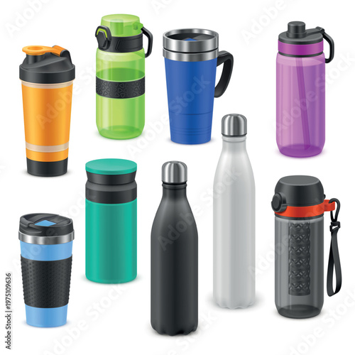 Realistic sport bottles. 3d fitness bottle mockup, water flask gym exercise drink tumbler mug thermo cup shaker reusable stainless plastic container garish vector illustration