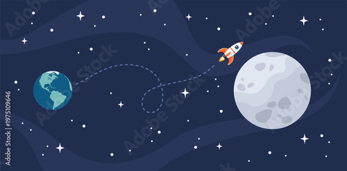 Flight to the Moon. Space rocket flying from small Earth in the background to large Moon in the foreground, vector illustration in flat style
