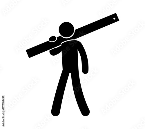 Stickman Holding Ruler – Measuring Tool and School Equipment Silhouette Vector Icon.