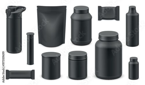Black sports nutrition. Realistic sport supplement packaging mockup, fitness gym food container whey protein powder jar drink plastic bottle product garish vector illustration