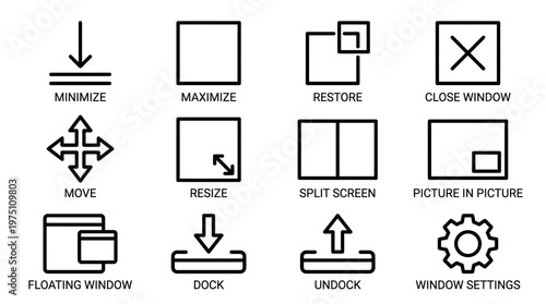 Essential outline icons depicting common graphical user interface elements for window control, screen organization, and desktop application management
