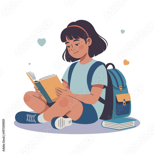 A young girl sits cross-legged with a backpack beside her, absorbed in reading an open book, with a few scattered hearts and stars in the background.