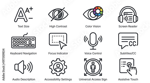 Digital accessibility icons for inclusive user interfaces. Features like screen readers, high contrast, and keyboard navigation ensure universal access