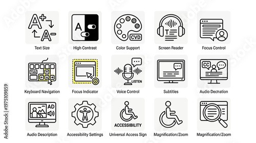Comprehensive set of digital accessibility features icons, representing tools for enhanced user experience and inclusive design across various platforms, promoting universal access for all users