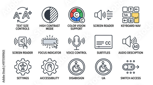 Comprehensive vector icon set depicting various digital accessibility features and assistive technology controls for inclusive user interface design and web development