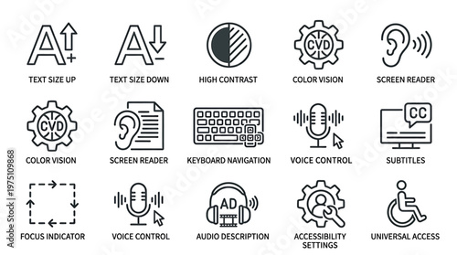 Collection of diverse line icons representing digital accessibility features for an inclusive user experience and enhanced usability across various platforms