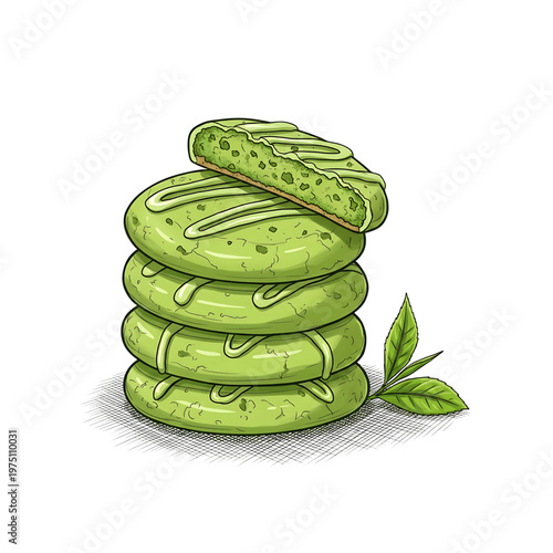 Green tea cookies stacked with a green tea leaf on white background  
