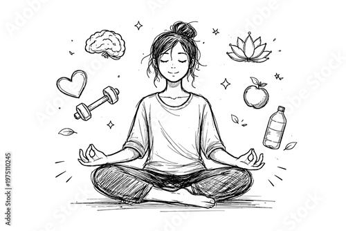 Icon vector calmly sketch doodle meditation meditating mental lines health minimal calm
