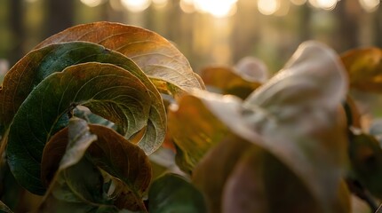 Close-up of vibrant autumn leaves with golden sunlight filtering through foliage creating warm bokeh background for seasonal nature photography.