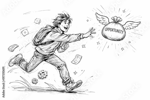 Messy doodle opportunity sketch hustle simple icon image running after lines vector