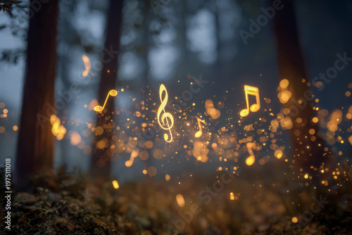 Glowing musical notes floating magically through a mystical forest at dusk creating an enchanting atmosphere of music and light in nature's twilight setting