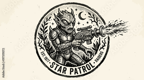 Alien creature with laser gun in circular emblem vector illustration
