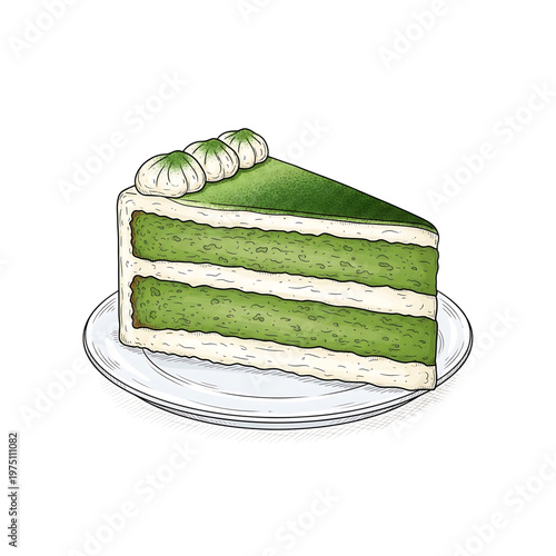 Matcha cake slice on white plate with green frosting  