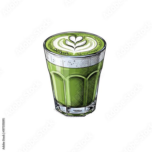 Glass of matcha latte with heart design on foam concept of green tea  