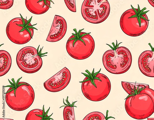 A vibrant seamless pattern featuring various sized hand-drawn red tomatoes, including whole and sliced variations, against a light backdrop