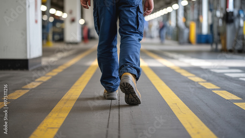 Worker walking inside industrial factory warehouse corridor